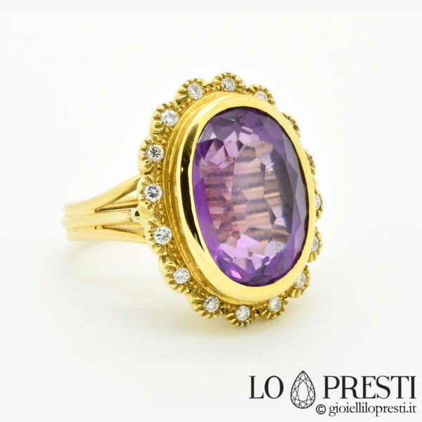 ring with amethyst diamonds 18kt gold briole cut amethyst Italian handmade ring with amethyst and diamonds