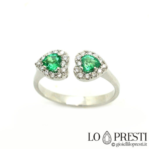 anello con smeraldo cuore e diamanti brillanti oro bianco-anello con smeraldo naturale cuore