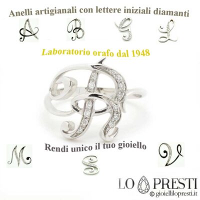 initial letter ring name diamonds white gold handcrafted initial ring