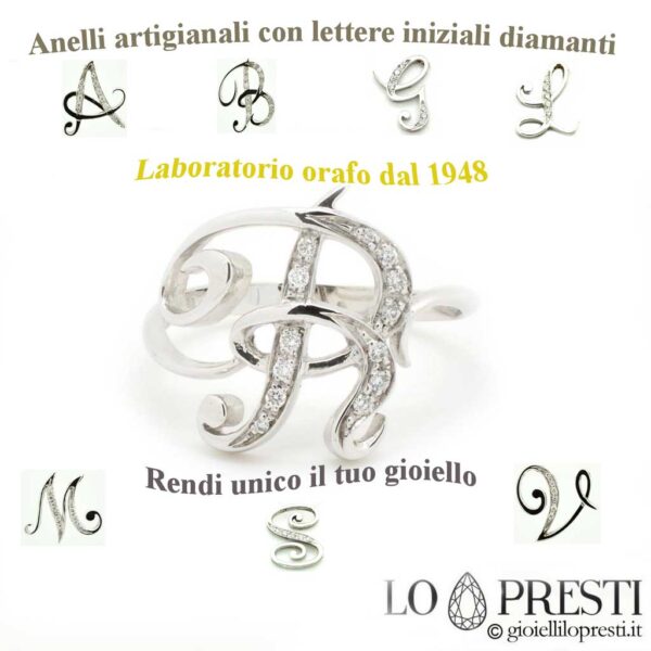 Ring mit Anfangsbuchstaben, Namensdiamanten, handgefertigter Anfangsring aus Weißgold