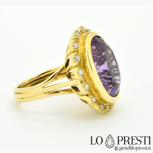 anello oro giallo ametista diamanti anello artigianale ametista Italian handmade ring with amethyst and natural diamonds