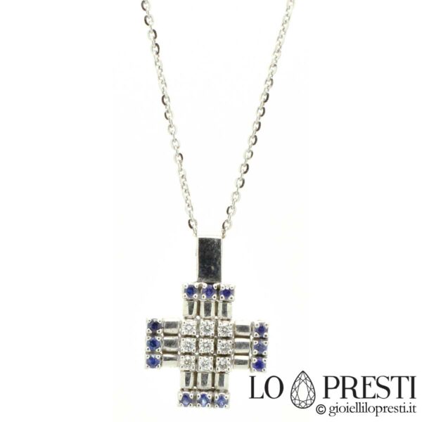Collier pendentif croix en or blanc 18 carats avec diamants, saphirs, pendentifs croix avec diamants en or