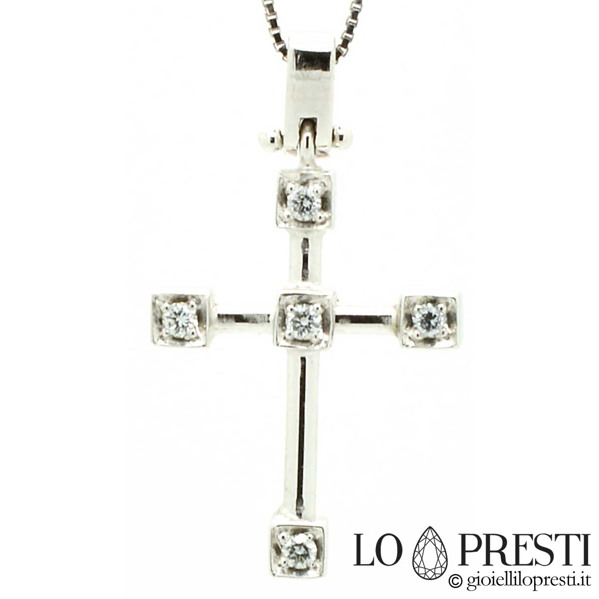 Collar colgante cruz para hombre y mujer oro blanco de 18kt con diamantes ct.0.05-Joya artesanal - Joyas Lo Presti