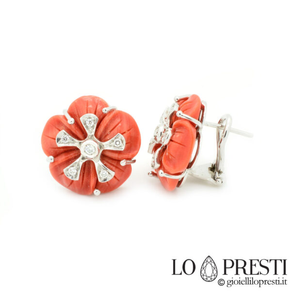 handcrafted coral gold earrings brilliant diamonds natural pink red coral gold flower earrings