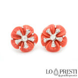 red coral flower earrings rose gold brilliant diamonds handcrafted coral flower earrings white gold diamonds