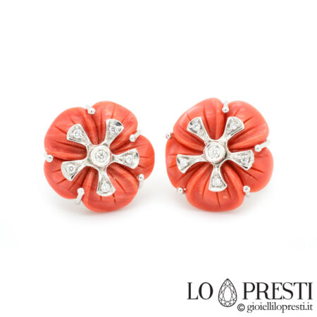 red coral flower earrings, rose gold, brilliant diamonds, handcrafted coral flower earrings, white gold, diamonds