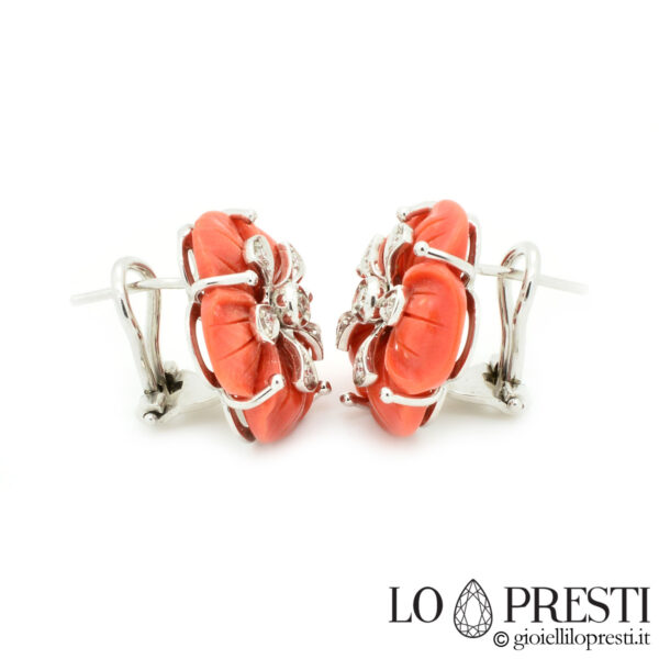 white gold flower shape earrings with natural coral brilliant diamonds pink red coral earrings