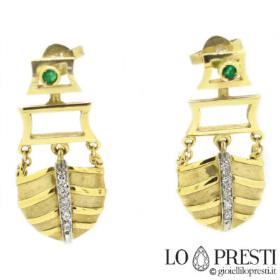 orecchini pendenti etruscchi oro diamanti smeraldo orecchini etruschi artigianali