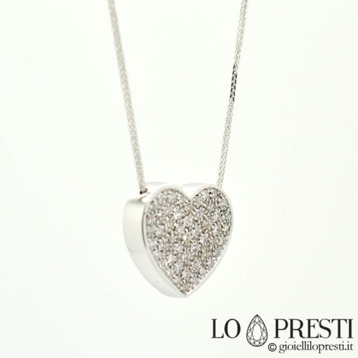 ciondolo cuore oro bianco 18kt con diamanti 18kt white gold heart pendant with diamonds. Italian handmade jewel