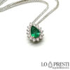 ciondolo pendente con smeraldo naturale goccia diamanti brillanti oro 18kt pendant with natural emerald drop 18kt gold brilliant diamonds