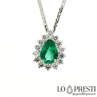 collana ciondolo smeraldo goccia diamanti oro bianco 18kt drop cut emerald pendant necklace with 18kt white gold diamonds