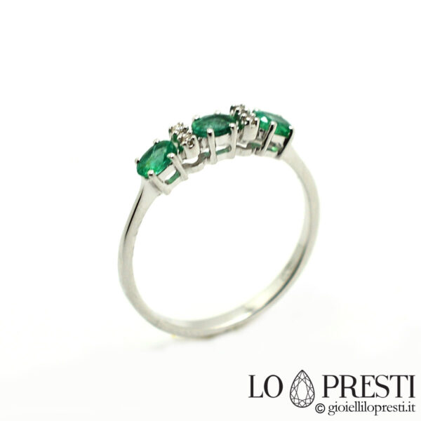 white gold trilogy ring with natural emeralds-trilogy ring with emerald diamonds