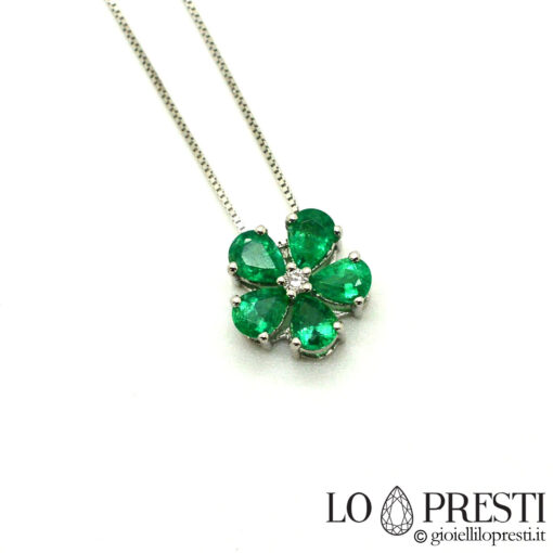 ciondolo smeraldo smeraldi goccia oro 18kt fiore diamante emerald pendant drop 18kt gold flower diamond