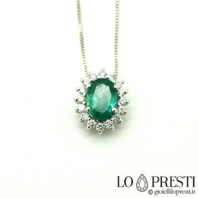 collana ciondolo con smeraldo diamanti brillanti oro bianco pendant necklace with emerald brilliant diamonds in 18kt white gold