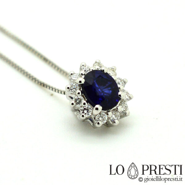 Halskette-Anhänger-blauer-Saphir-hervorragende Farbe-Diamanten-18-kt-Weißgold