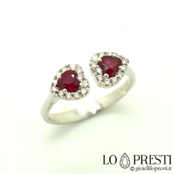 ring with heart-shaped rubies and diamonds in white gold