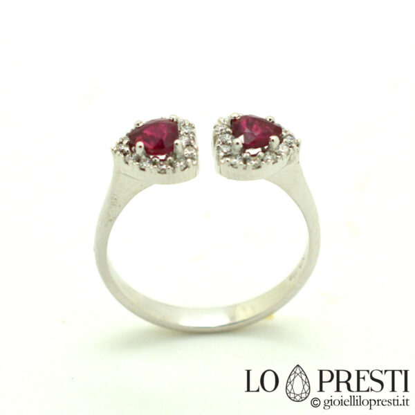 ring with heart-shaped rubies and diamonds in 18kt white gold