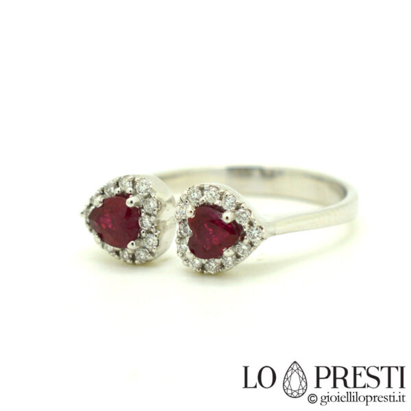 ring with heart-shaped ruby ​​and diamonds in 18kt white gold