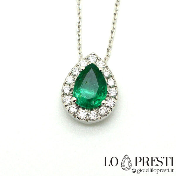 pendant with natural drop cut emerald, brilliant diamonds in 18kt white gold