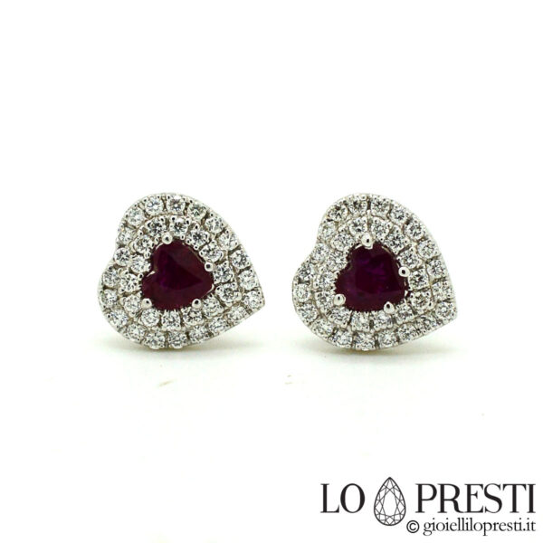 heart earrings with brilliant diamonds rubies 18kt white gold