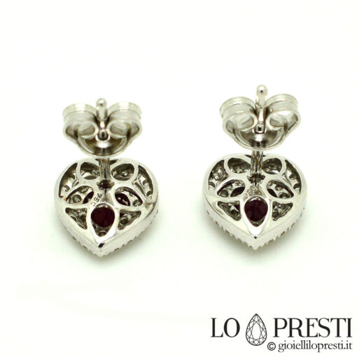 orecchini forma cuore con diamanti brillanti rubini oro bianco 18kt