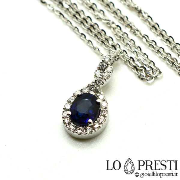 collier pendentif avec saphir bleu diamants brillants or 18 carats