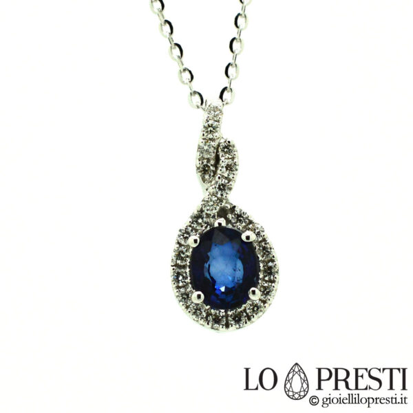 collana ciondolo pendente con zaffiro blu diamanti brillanti oro bianco 18kt