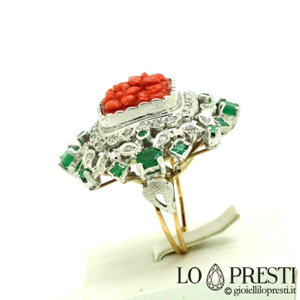 ring with coral and brilliant emeralds ring with red coral ring with red coral diamonds and emeralds made in Italy