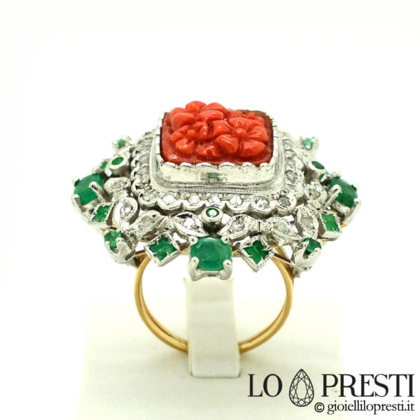 ring with natural coral diamonds emeralds antique style ring unique jewelry