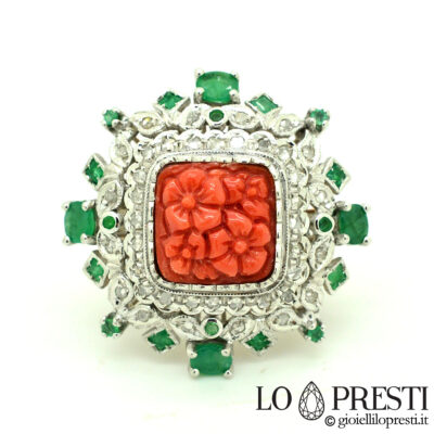 кольцо с красным кораллом кольцо с кораллом и бриллиантами кольцо ручной работы сделано в Италии с натуральным кораллом