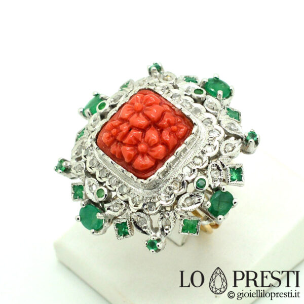 ring with natural red coral torre del greco handmade ring Italian handmade ring with natural Greek tower