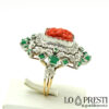 anello con diamanti smeraldi corallo anello stile antico coral emerald diamond ring Italian antique style ring