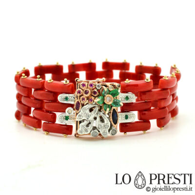 bracciale con corallo rosso vero naturale con diamanti smeraldi rubini zaffiri bracciale maglia cartier
