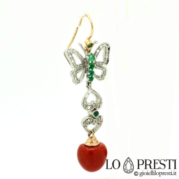earrings with red coral in silver gold diamonds emeralds