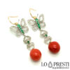 red coral silver gold dangle earrings
