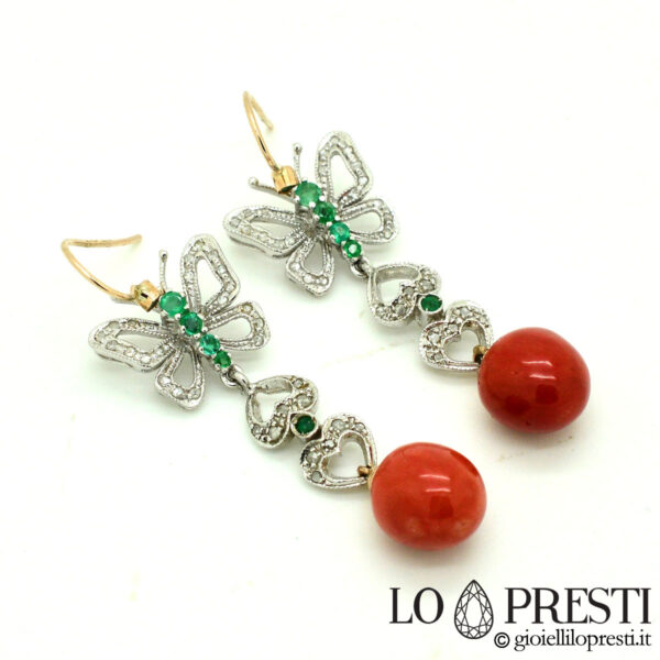 handcrafted coral gold silver diamond emerald pendant earrings