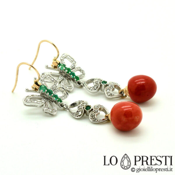 coral emerald diamond pendant earrings