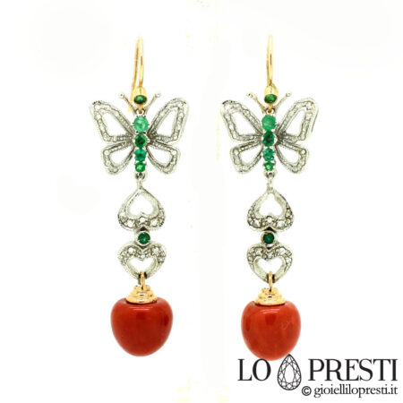 Vintage coral, emerald and diamond earrings