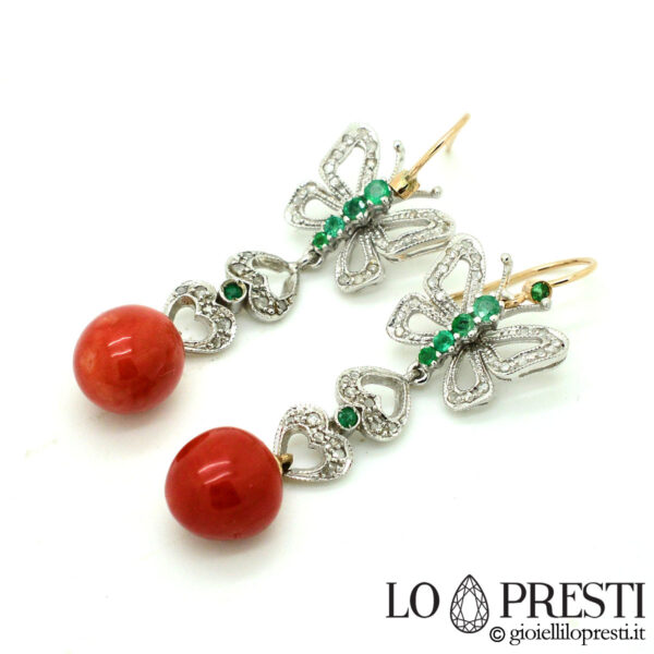 coral emerald diamond pendant earrings
