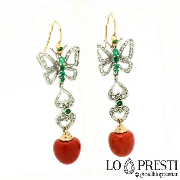 red coral diamond-emerald butterfly drop earrings