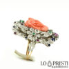 anello con corallo-anello corallo e diamanti-corallo forma viso donna