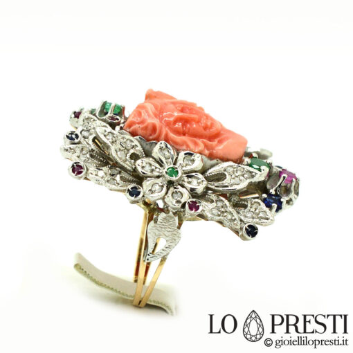 anello con corallo-anello corallo e diamanti-corallo forma viso donna