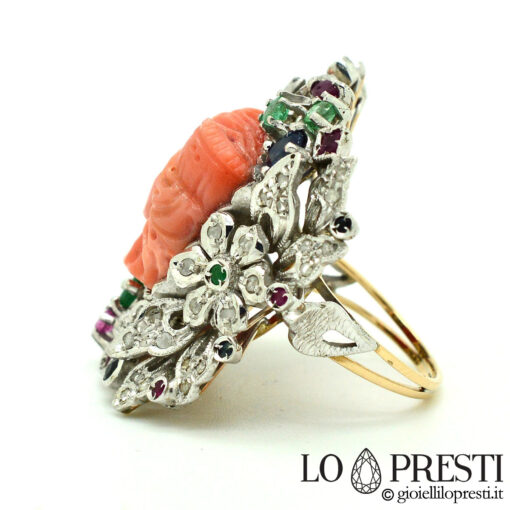 anello con corallo rosa e diamanti brillanti smeraldi rubini e zaffiri