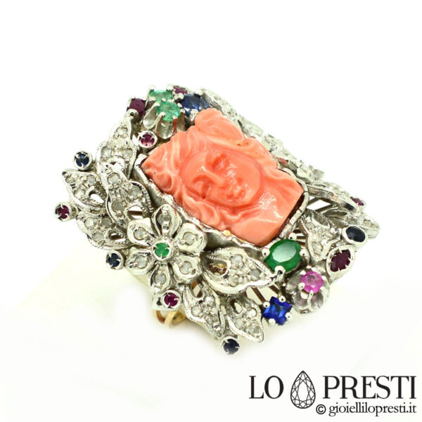 anel de coral rosa - anel de coral e diamante - anel de flor de diamante