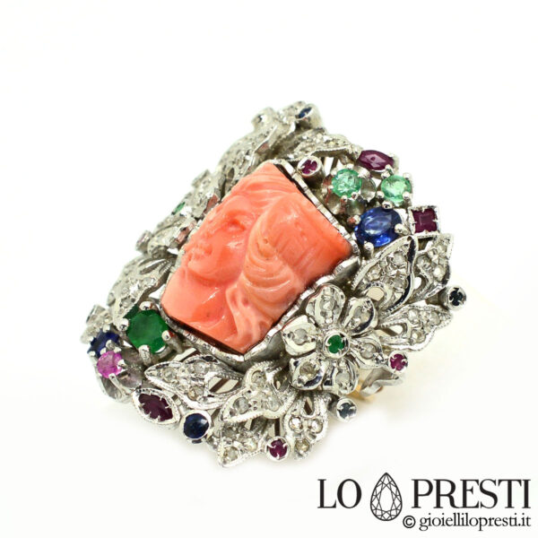 anillo de coral rosa natural - anillo de coral de diamantes