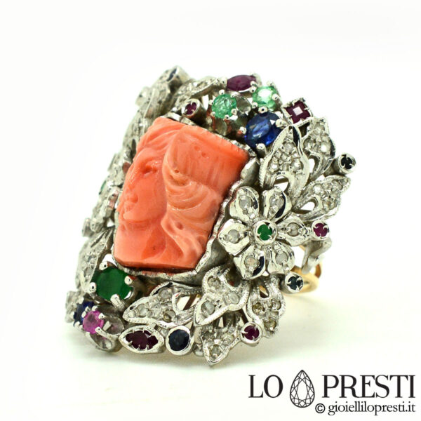 flower ring diamonds emeralds rubies sapphires-coral ring