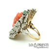 anel de coral rosa anel de rosto feminino flores diamantes esmeraldas rubis safiras