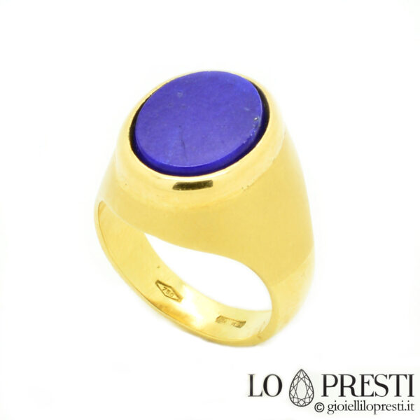 Shiny sandblasted yellow gold chevalier shield ring - shield ring for men and women with shiny sandblasted gold lapis lazuli
