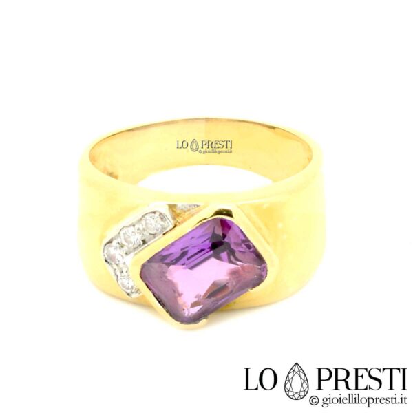 anello anelli uomo donna oro giallo fascia larga lucido chevalier mignolo con ametista diamanti