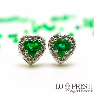 orecchini cuore con smeraldo e diamanti brillanti oro bianco 18kt
